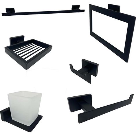 Set bagno moderno rettangolare in acciaio nero vetro satinato 6 pezzi accessori bagno portasaponetta portarotolo spazzolini asciugamano (1/5)