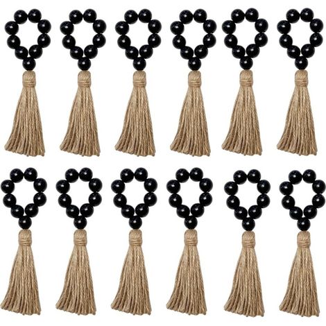 Juego de 12 servilleteros, servilleteros de madera, servilleteros elásticos de madera con cuentas y borla, servilleteros estilo boho