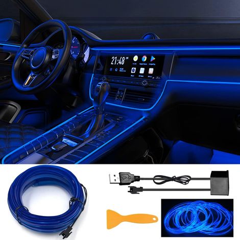 Kit de guirlande lumineuse LED intérieure pour voiture, 5 m / 16,5 pi, fil néon USB, décorations lumineuses LED pour l'intérieur de la voiture (bleu)