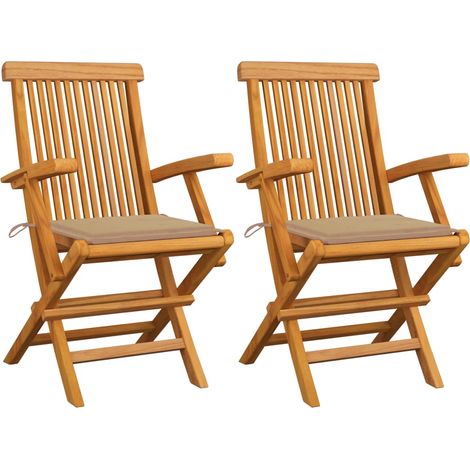 Chaises de jardin avec coussins beige 2 pcs Bois de teck massif 4 (1/5)