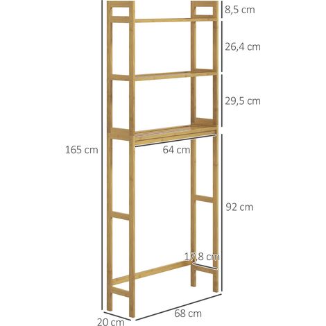Estantería de baño, estante para inodoro, 3 estantes, resistente al agua, 68 cm x 20 cm x 165 cm, natural (1/5)