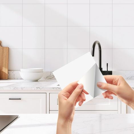 Lot de 4896 autocollants pour carrelage de salle de bain et cuisine - 15 x 15 cm - Film adhésif amovible pour carrelage mural, mur arrière de cuisine et bordures - En PVC imperméable (48, blanc) (1/5)