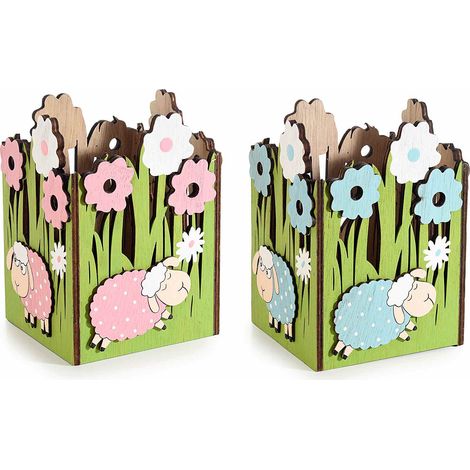 Cestini di Pasqua in legno colorato con prato fiorito e pecorella, set da 4 pezzi, cm 11,5 x 10,5 x 15,5 H