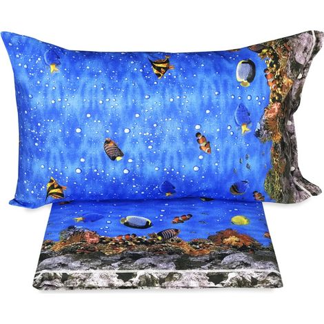 COMPLETO LENZUOLO LENZUOLA NATURA MARE BARRIERA CORALLINA in puro cotone 2 PIAZZE