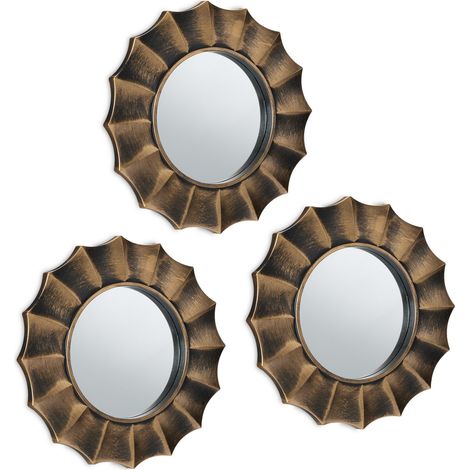 Relaxdays Set da 3 Specchi Rotondi, da Parete, Cornice Decorativa in Plastica, Salotto, Corridoio Ingresso, Ø 25 cm, Oro