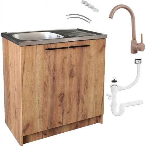 Meuble sous évier 80 cm - Chêne doré - Économie d'espace - Design compact et fonctionnel