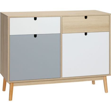 Buffet de Cuisine Commode de Chambre scandinave 2 placards tiroirs coulissants en Bois Multicolore Blanc Gris Clair