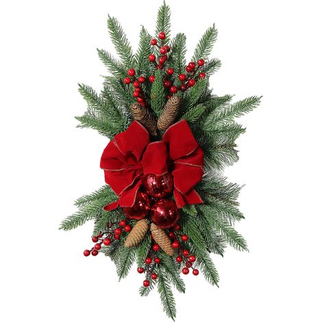 SJLERST Couronne décorative de Noël pour escalier, 60 x 30 cm, avec nœud rouge, décorations en forme d'écailles de poisson et de baies, décoration murale floconnée de Noël à suspendre (1/5)