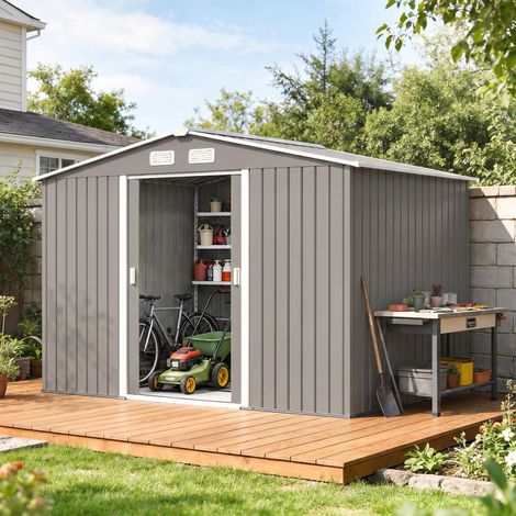 Abri de rangement métallique pour jardin, porte coulissante, dimensions 2,77 x 1,95 x 1,92 m, gris (1/5)