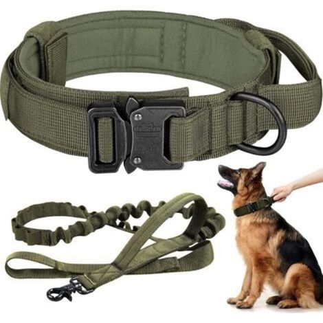 Ensemble laisse militaire robuste réglable et collier tactique avec poignée et boucle en métal pour chiens de taille moyenne et grande (L, vert)