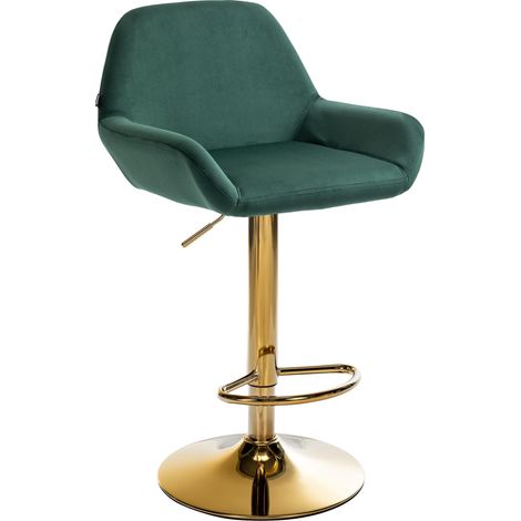 Sgabello da bar x1 con poggiapiedi e braccioli in velluto verde base a forma di tromba in metallo color oro 100005605