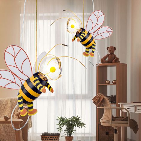 Lampada a sospensione per cameretta dei bambini lampada a sospensione ape LED camera da letto ragazzo ragazza, metallo nero giallo, LED 7W 700lm 2700K bianco caldo, LxLxA 36x25x120 cm, set di 2 (1/5)