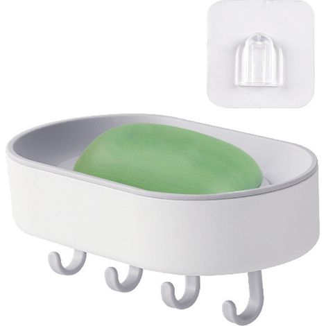 1 porte-savon suspendu, sans perforation, 4 crochets, surface centrale surélevée, pour salle de bain, carrelage et verre (1/5)
