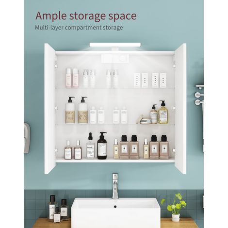 Armoire de toilette murale blanche de 80 cm avec miroir, 2 portes, éclairage LED et prise française, étagères en verre réglables en hauteur, charnières à fermeture douce, entièrement pré-assemblée et (1/5)