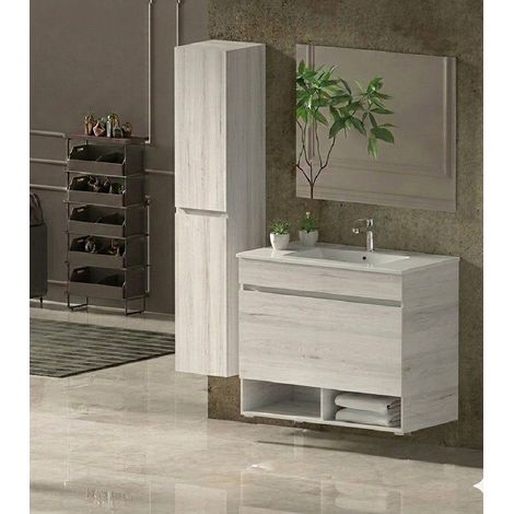 Badmöbel Set NEBARI Vormontiert 1 Schublade, Waschbecken und Spiegel Weiß Nordik 60x35 cm mit Hochschrank