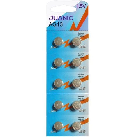 Lot de 10 Piles bouton plates Type AG13 1,5V compatibles LR44, A76 L1154, SR44, G13, 357 - Juanio - (1/2)