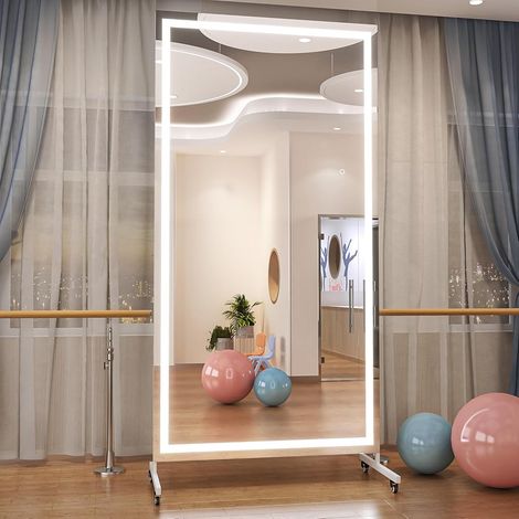Hasipu 200 x 100 cm Ganzkörperspiegel mit Beleuchtung, 360° Drehbar Groß Standspiegel mit Rollen, Gehärtetes Glas LED Home Gym Spiegel Tanzspiegel für Schlafzimmer Fitnessraum Yoga