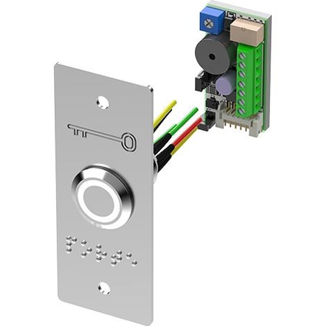 Sewosy – Bouton d'arrêt d'urgence composable PB19VBBBLE – led bicolore – plaque inox étroite – buzzer et temporisation – 24V