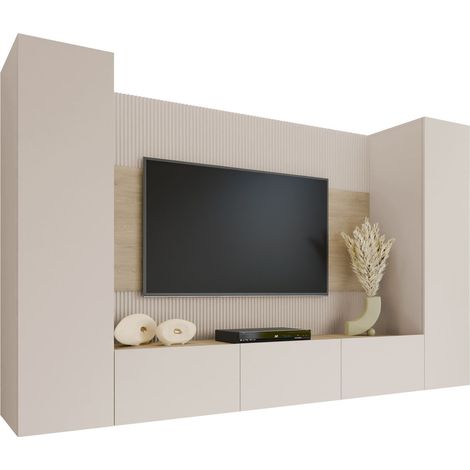 Mobilier1 – Ensemble de salon Comfivo 451 – Beige et chêne – Largeur 260 cm, hauteur 150 cm, profondeur 38 cm – Fabriqué en Europe