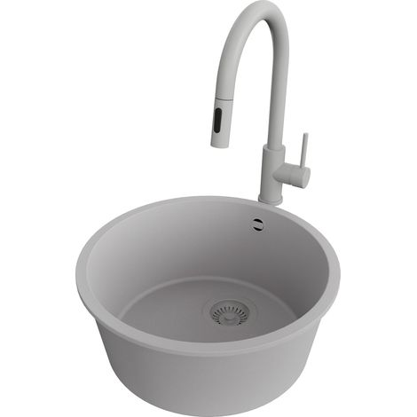 PRIMAGRAN Evier Sous Plan 46x46cm,Evier en Granit 1 bac + Robinet 40x20cm + Kit de Vidage, Évier au meuble 50cm - La Valette, Gris (1/5)