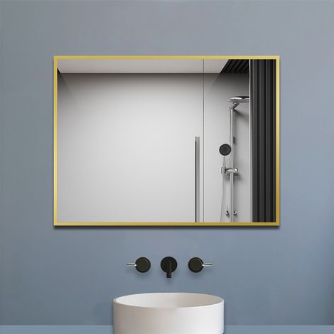 Aica Miroir Salle de Bain 80x60cm Avec dorée Encadré, Miroir au Mercure, Vertical & Horizontal, Miroir-Mural