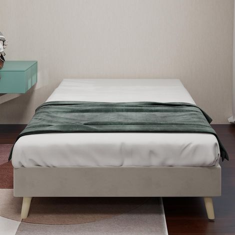 , Cadre de lit minimaliste moderne, 90x200cm, beige, revêtement en velours hollandais, sommier bas, mobilier de chambre de style contemporain. Mécanisme de levage à gaz... (1/5)