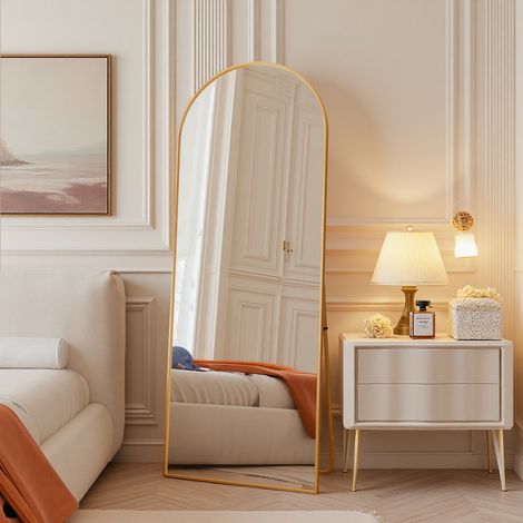 Miroir de Sol Pleine Longueur Bombé, 165x60 cm, Grand Miroir Mural Doré Cadre en Aluminium Verre Trempé, Inclinable ou Suspensible - Salon, Chambre, Entrée