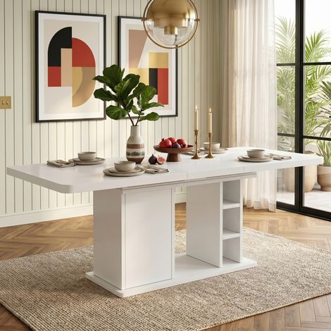 Table à manger extensible 140/180 cm, pour 6-8 personnes, avec rangement, en MDF, blanc (1/5)