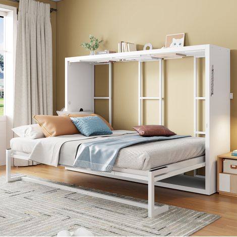 Cama abatible vertical 140x200 cm, fijación mural bloqueable, estructura en metal y madera, blanco (1/5)