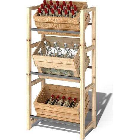Getränkekistenregal für 3 Getränkekisten Getränkeregal Holz Kistenregal mit 3 Ebenen freistehend Getränkekistenhalter belast 150kg Kistenständer für Bier, Wasser 56 x 32 x 112 cm Naturholz