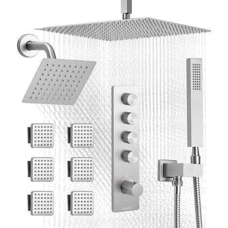 VEVOR Duschsystem-Set mit 16 Zoll Regenduschsystem / 6 Zoll Wandmontagekopf / Handbrause / 6 Körperbrause, Doppelregenkopf, Messingventil Verkleidungssatz Zierset, gebürstetes Nickel