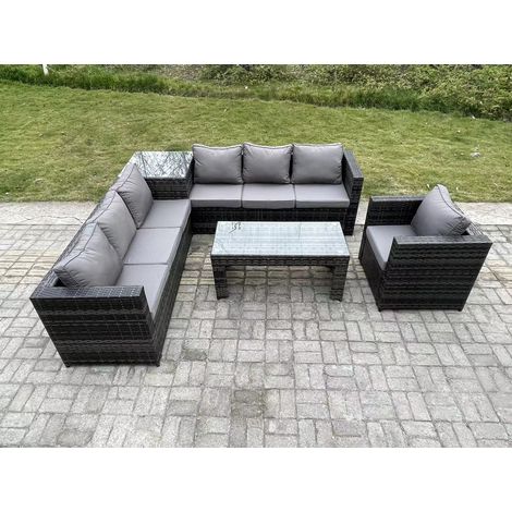 Fimous 7 Seater Rattan Corner Sofa Set With Square Side Table And Oblong Rectangular Coffee Tea Table Arm Chair Dark Grey Mixed (1/4)