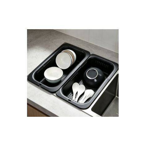 panier égouttoir extensible noir en plastique pour évier de cuisine support de lavage de fruits légumes et vaisselle rangement multifonction au‑dessus du lavabo (1/5)