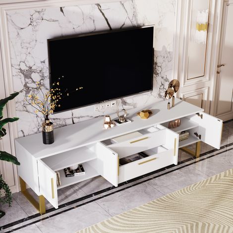 Meuble TV L 170cm - aspect brillant - 4 portes texturées gravées avec poignées dorées - Blanc (1/5)