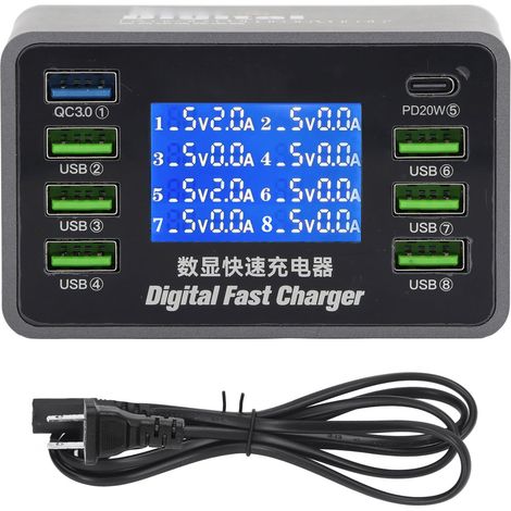 Chargeur USB numérique 50W 8 ports QC3.0 PD, station de charge rapide multi-USB 100-240V avec prise US (1/5)