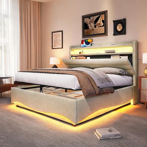 Cadre de lit beige en lin 212 x 141 x 110 cm (1/5)