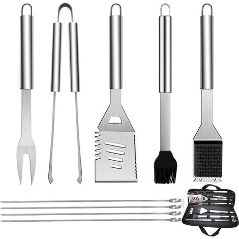Questo set di 9 utensili per barbecue è realizzato in acciaio inossidabile e include una borsa per riporli, una spatola, delle pinze e una forchetta, ed è ideale per barbecue all'aperto e campeggio.
