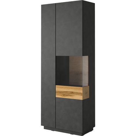 Vitrine Andrea mit 2 Türen, Anthrazitgrau und Holzoptik, 207cm