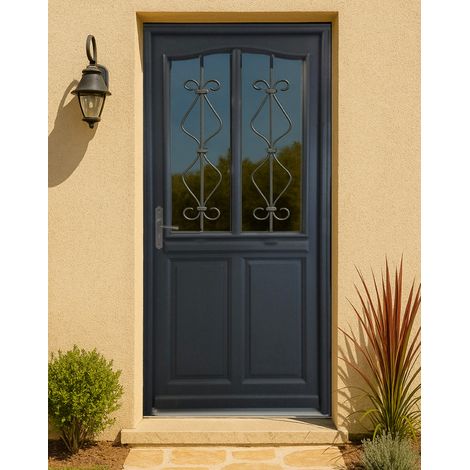 Puerta de entrada de madera con vidrio Sandro gris antracita, H.200 x L.90 cm, con tablero lateral, marco recto, GD MENUISERIES