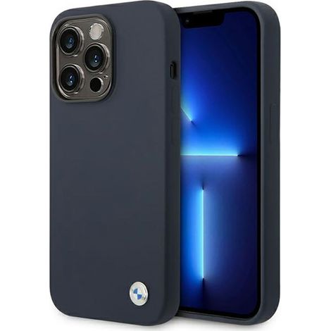 Coque BMW en silicone liquide avec logo métallique MagSafe pour iPhone 14 Pro Max (bleu marine) (1/4)