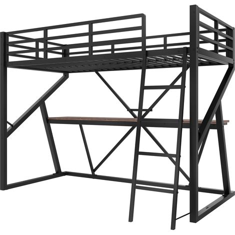 Cama alta 90 x 200 cm de metal y MDF negra con LED, escritorio, escalera y barandilla (1/5)
