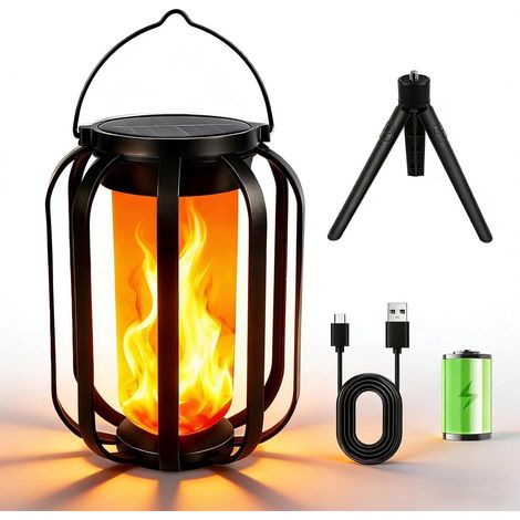 Ulisem - Solarlaterne - Wasserdicht für den Außenbereich - Gartenleuchte mit Flammeneffekt - 4 Solar-Beleuchtungsmodi - USB-C- und Solarbetrieb - Hängelaterne (1/5)