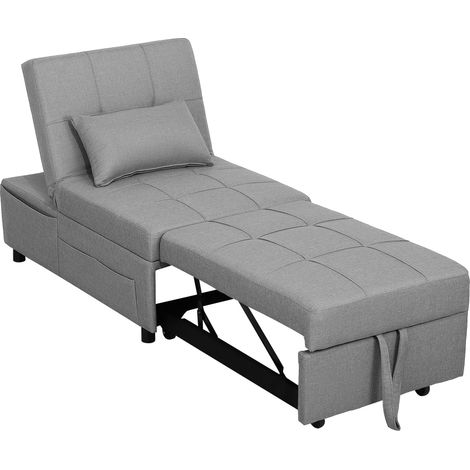 Fauteuil pliant 4 en 1 poche latérale. Lit appoint oreiller. Dossier réglable. Fauteuil-lit roulettes. Gris clair. (1/5)