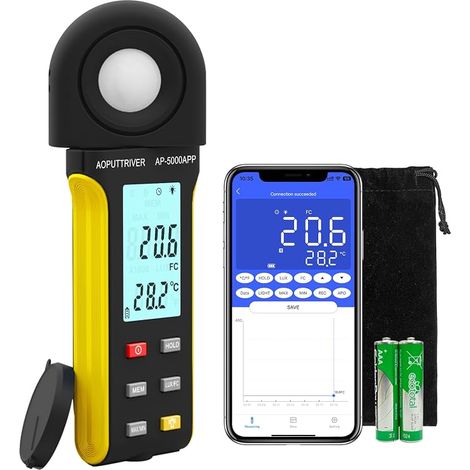 Luxmètre Numérique, Lumen Meter Mesureur de Lumière 0.1400,000 Lux Foot Candles avec Capteur Rotatif 270º, APP Opération en Un clic, Mesureur de Lumière pour Plantes Film Photographie Lumières LED (1/4)