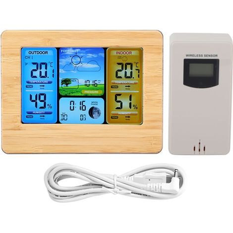 Drahtlose digitale LCD-Wetterstation mit Uhr, Thermometer, Anzeige der Luftfeuchtigkeit im Innen- und Außenbereich (gelb) (1/5)