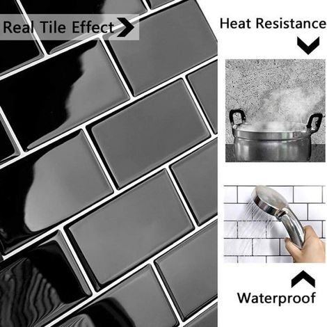 Plus épais Credence Adhesive pour Cuisine, Faux Carrelage Adhesif Mural Salle de Bain, Noir Crédence Adhesive Metro 3D, 10 Pièces (1/4)