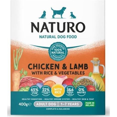 Naturo  Adulto  Vassoio 400g - Pollo, agnello, riso integrale, verdure, 400g