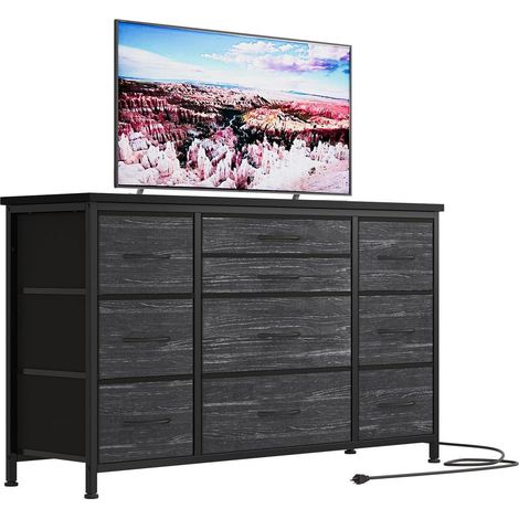 Commode 10 tiroirs tissu noir, meuble TV avec 3 prises, 121cm (1/5)