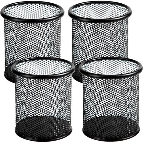 Porte-crayons en treillis métallique, 4 paquets, tasse à stylos en métal, étui de rangement de stylos de bureau, pot à crayons noir pour le bureau et la maison (noir)