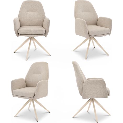 Bon Furni Sillas giratorias 360° tela aspecto lino beige patas blancas, juego de 4